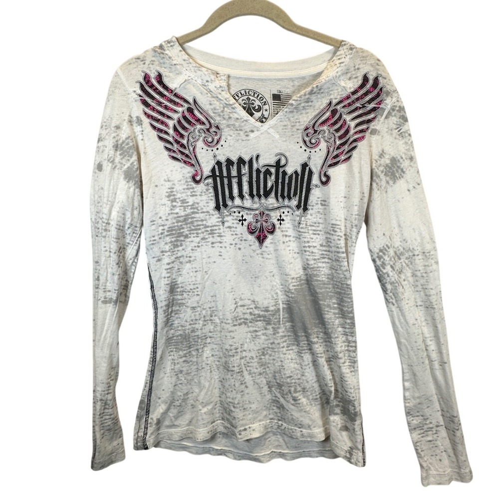 Affliction Live Fast Womens Small White Gray Wash Winged Cross Long Sleeve Shirt